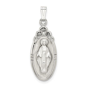 Sterling Silver White Epoxy and Crystal Miraculous Medal Pendant
